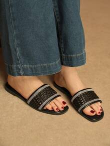 Rosivie Women's Rhinestone Hollow Strap Casual Comfortable Flat Sandals, Square Toe Design For Commuting - Black - View 5