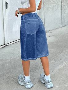 EURMUSE WOMEN LOW WAIST LONG STRAIGHT WAIST SHORT DARK BLUE WASH - Light Wash - View 2