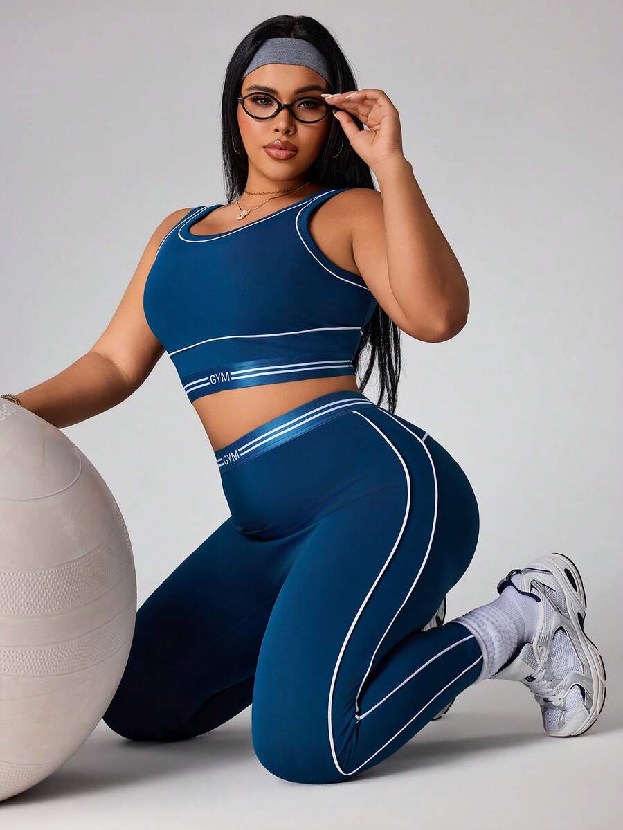 Rhythm Era Plus Size 2pcs Contrast Trim Women Sports Bra And Leggings  Set - Dark Green - View 1