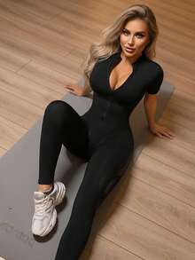 Innovista Women's Black Summer Athleisure Gym Jumpsuit,Short-Sleeve Mesh Panel Equestrian One-Piece,Front Zipper,Removable Pads,Tummy Control & Lifting - Black - View 7