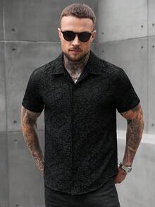 SLATEMANN 男士提花单排扣休闲短袖衬衫 - 黑色 - 查看 3