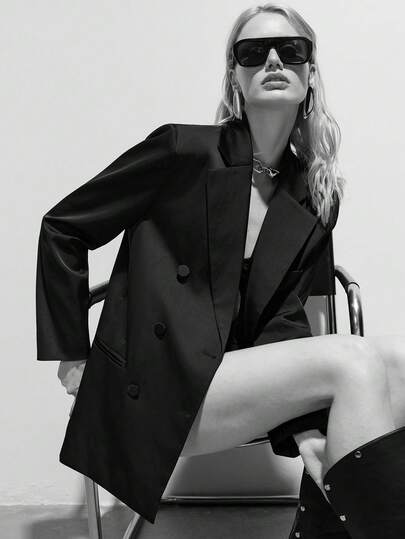 Aveloria Modichic Black Solid Color Oversized Lapel Double-Breasted Elegant Commuter Vintage Minimalist Women Blazer Jacket