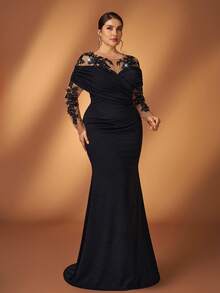Serin Robe de soirée élégante et luxueuse de grande taille avec appliqués, manches plissées et volantées, coupe sirène. Convient pour les soirées, galas, mariages, mères de mariée. Robe de cérémonie noire élégante, robe de cocktail noire à manches longues, robe de mariée noire en dentelle, robe élégante pour femme - Noir - Voir 4