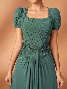 Serin Đầm maxi sang trọng, thanh lịch với chất liệu ren đính cườm và họa tiết ghép mảnh, tay áo xếp ly, chất liệu dệt kim co giãn, thích hợp cho đám cưới, tiệc tùng, lễ hội, cô dâu, hoặc váy dạ hội dành cho mẹ cô dâu. - màu xanh lá - Xem 2