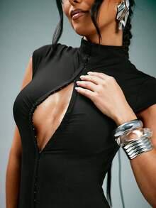 Denimoi Women's Sleeveless Mandarin Collar Open Front Dress - Black - View 2