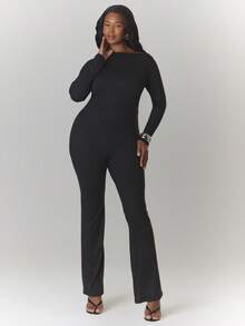 MUSERA Plus Size Off Shoulder Fitted Flared Long Sleeve Jumpsuit Sexy Elegant Date Night Spring Summer Vacation Evening Holiday - Black - View 4