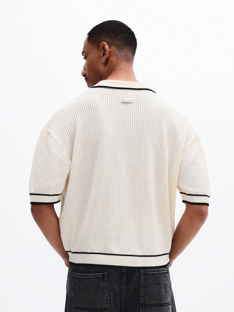 Men's Crop Fit Open Knit Resort Polo With Collared Neckline And Short Sleeves Summer Casual Top