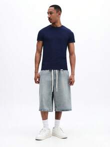 SUMWON Áo thun nam cotton gân màu xanh hải quân, tay ngắn, cổ tròn, dáng regular fit, thích hợp mặc hàng ngày, kiểu dáng cổ điển, cơ bản cho mùa hè và mùa xuân. - Màu xanh hải quân - Xem 3