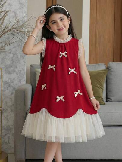 SHEIN Young Girl Woven Contrast Color Round Neck Mesh Ruffle Hem Sleeveless Casual Dress Party Dress For Young Girls Elegant Red Dress For Young Girls With White Ruffle Collar And Pearl Embellishments Perfect For Special Occasions And Parties Daily Wear, Wedding Season Dress, Valentine's Day, Flower Girl Dress Flower Girl Dress For Wedding, Party, Prom, Holiday, Spring Break, Valentine's Day, Flower Girl, Cute & Elegant & Sweet & Vintage & Fashionable.