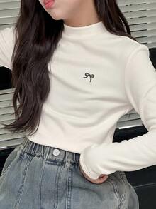 DAZY Tween Girls Crew Neck Knit Thermal Lined Bow Print T-Shirt, Autumn Long Sleeve Tops Women - Beige - View 6