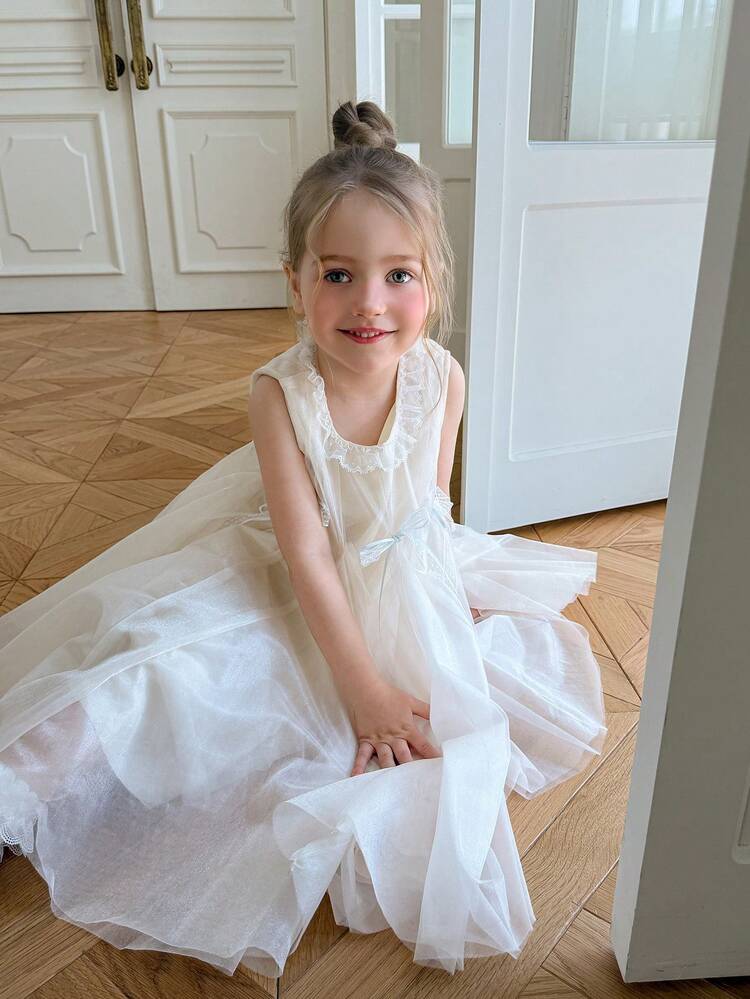 Young Girls Round Neck Sleeveless Mesh Cute Princess Dress, Fall Outfit