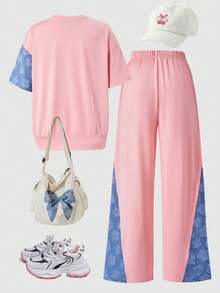 2pcs/Set Tween Girls Pink Summer Cute School Casual Short Sleeve T-Shirt And Sports Pants Set,Patchwork Jacquard Fabric With Laser Heat Transfer Bow - Pink - View 2