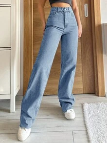 Cottnline 100%Cotton High Waisted Denim Jeans With Frayed Hem - Baby Blue - View 4