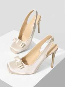 SheIn MOD Giày cao gót đế bệt bằng satin dành cho nữ, mũi vuông kín, thắt nơ, buộc dây, quai ngang, kiểu Mary Jane, slingback, giày búp bê, giày Lolita, giày dự tiệc, giày cưới, giày dạ hội, giày cao gót dễ thương, phong cách Aesthetic. - Màu be - Xem 6