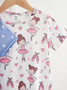 2 Stücke/Set Baby Mädchen Cartoon Ballett Muster Kurzarm Lang Pyjama Kleid Loungewear, Frühling und Sommer Rosa süßer Mädchenstil, niedlich und bequem 2026 neue Urlaubsatmosphäre, entspannt und komfortabel Mädchen Outfit Set Mädchen Baby Mädchen Bekleidung - Verschiedenfarbig - Übersicht 4