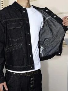 Manfinity Hypemode Men's Dark Washed Blue Denim Long Sleeve Jacket, Casual Loose Fit Spring/Autumn - Dark Wash - View 8