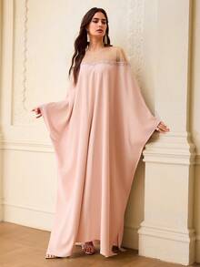 ZEYLAH Women's Contrast Mesh Batwing Sleeve Loose Elegant Arabic Style Dress - Pink - View 6
