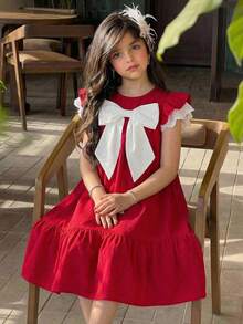 SHEIN Tween Girl White Contrast Bow Tie Cap Sleeve A-Line Casual Red Dress - Red - View 3