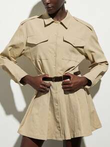 Aveloria Modichic Europäisch-amerikanischer Retro-Mode Lässig Kragen Mehrtaschen Plissee Langarm Midi Kleid - Khaki - Übersicht 5