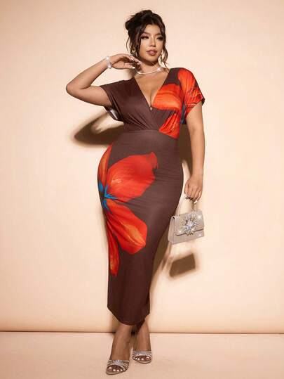 Cravure Spring/Summer New Floral Print Deep V-Neck Ruched Design Plus Size Women Dress, Elegant & Fashionable For Holiday, Date, Office Wear