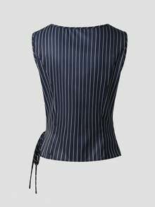 GlowEve Áo kiểu nữ kẻ sọc cổ tròn vạt lệch thắt eo bên hông không tay - Nhiều màu - Xem 2