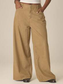 MUSERA Plus Size Wide Leg Washed Denim Jeans Spring Summer Cute Cosy Cottage Core Spring Dew - Brown - View 2