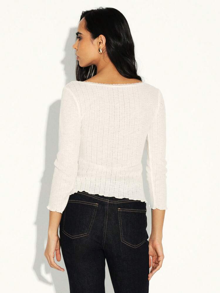 KSTM 女性用リブニットカーディガン、ボタン前開き、スクープネックライン、七分袖トップ