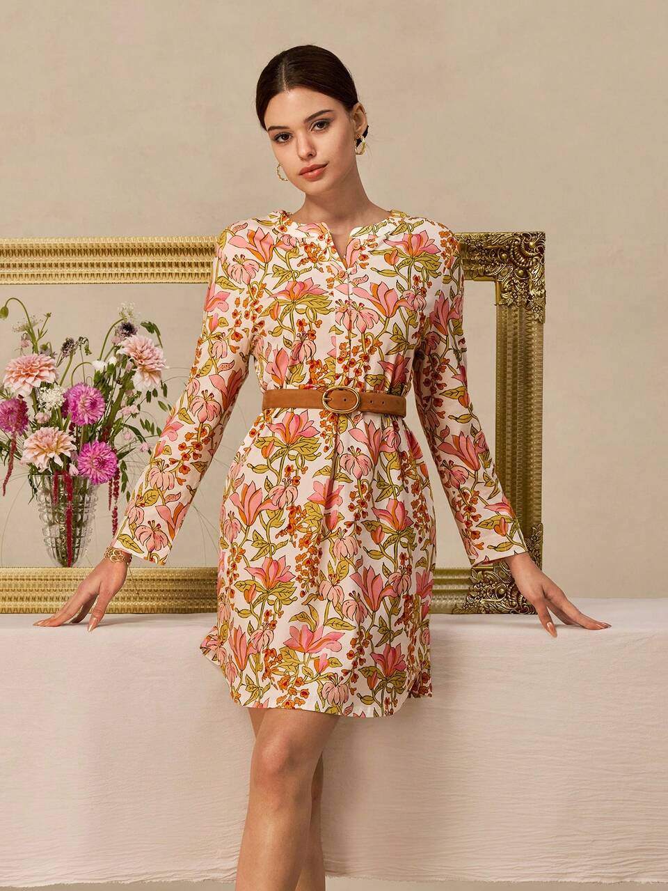 Women Soft Cotton Basic Long-Sleeve Button-Up Leisure Nightdress