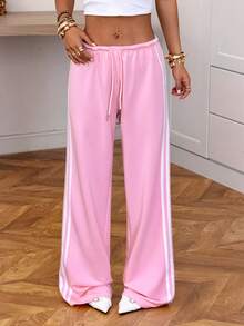 SHEIN EZwear 女士白色粉色针织低腰侧条纹长款运动裤 - 粉色 - 查看 6