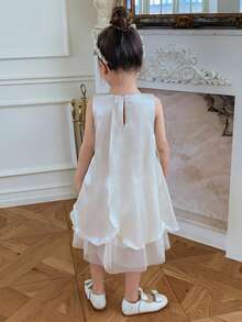 DAZY Young Girl Tulle Princess Dress Floral Decor Sleeveless Dress - Apricot - View 6