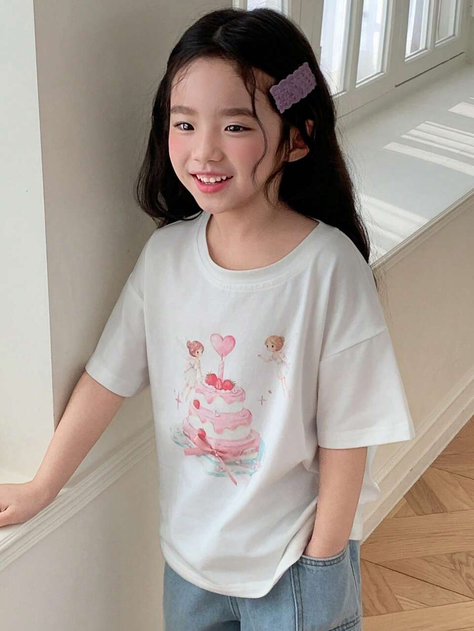 Young Girl Fall Clothes Girls Printed Short Sleeve Knit T-Shirt