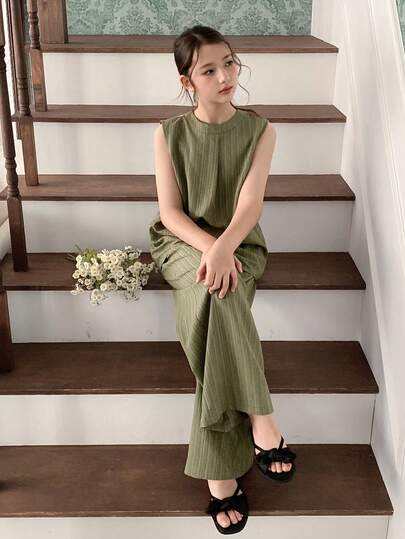 DAZY Tween Girl Solid Color Round Neck Loose Sleeveless Shirt And Pants Casual Suit