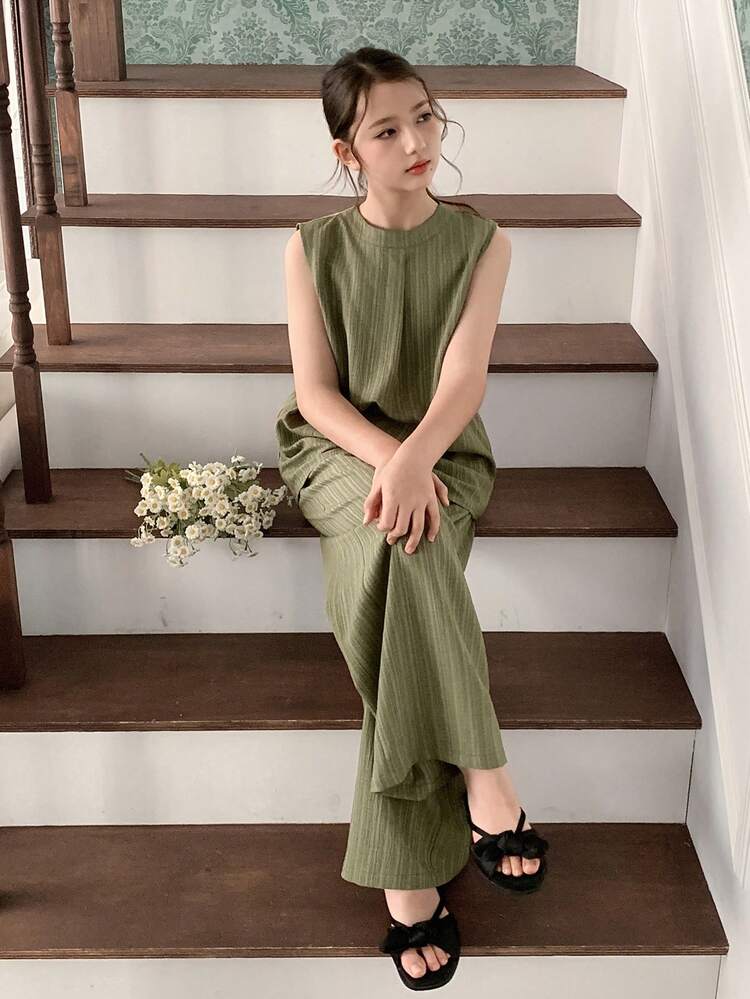 Tween Girl Solid Color Round Neck Loose Sleeveless Shirt And Pants Casual Suit
