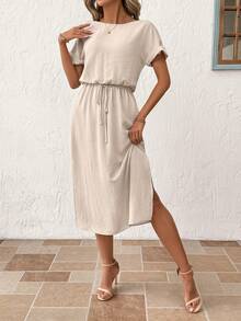 SHEIN Clasi 女士休闲舒适春夏中长连衣裙，优雅度假装 - 杏色 - 查看 3