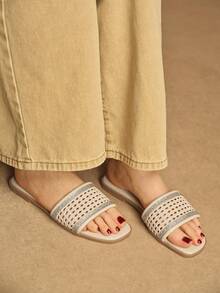 Rosivie Women's Rhinestone Hollow Strap Casual Comfortable Flat Sandals, Square Toe Design For Commuting - Apricot - View 6