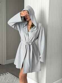SHEIN Women Waffle Knit Hooded Detail Robe With Belt Detail Homewear Comfort Lounge Robe - Grey - View 4