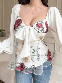 DAZY 女士优雅印花系领衬衫，春夏娃娃衫 - 杏色 - 查看 3