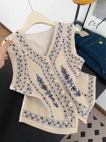 GlowEve 女士碎花图案V领单排扣休闲背心 - 彩色 - 查看 1