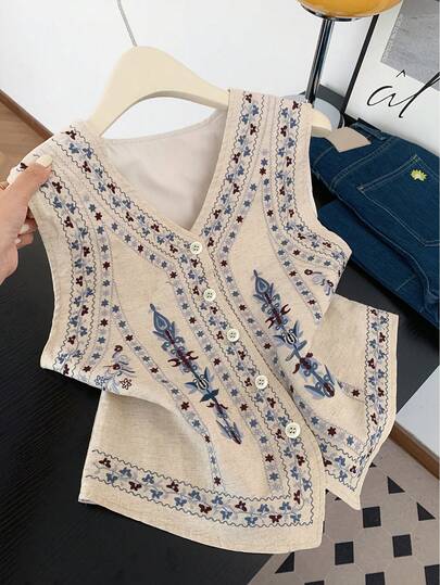 GlowEve Camiseta sin mangas casual de mujer con cuello en V y estampado floral de un solo abotonado