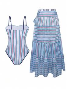 Swim Oasis New Arrival Elegant 2pcs Bikini Set, Y2k Preppy Collegiate Style Nautical Stripe Sweetheart Neck Tie Front One Piece Swimsuit With Ruffled Wrap Maxi/Long Skirt/Dress, Sarong Cover Up Set, Spaghetti Strap Tummy Control Bathing Suit, Red White Blue Striped Beachwear, 4th Of July Vacation Outfit, Resort Swimwear, Pool Party Essential, Tie Waist Cover Up Skirt, Summer Beach Fashion Vacation - Blue - View 2