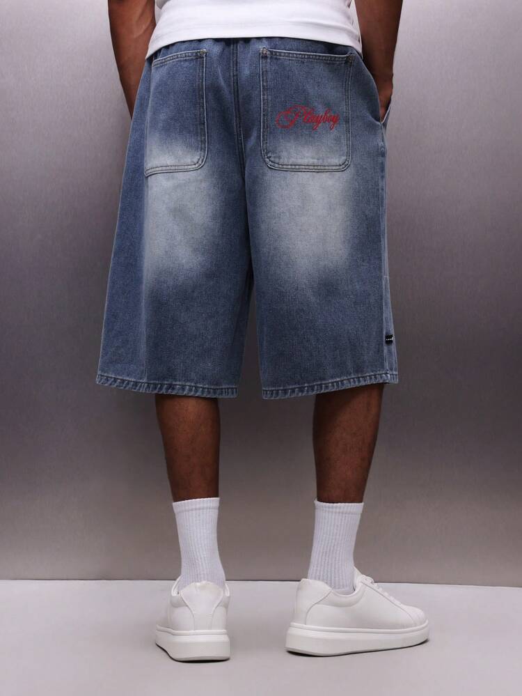 PLAYBOY X SUMWON Vintage Washed Denim Jorts With Logo Drawstring Waist Knee Length Baggy Wide Leg Summer Casual Street Style Pull On Shorts