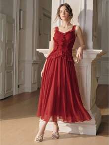 Anewsta Women's Elegant Vacation Dress, Sleeveless Pleated Frill Trim Waist Fit And Flare Red Dress French Style Dress Red Ruffle Dress - Red - View 6