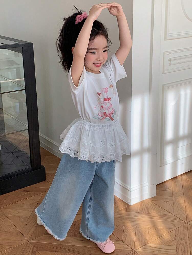 Young Girl Fall Clothes Girls Printed Short Sleeve Knit T-Shirt