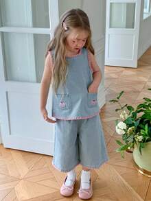 Dazy Kids Pakaian Kasual Musim Panas untuk Anak Perempuan: Atasan Kerah Bulat dengan Blok Warna dan Celana Jeans Lebar - Light Wash - View 4