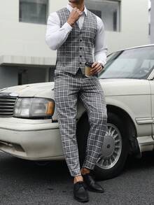 Manfinity Mode Men's Business Commute Plaid Suit Vest And Pants Set - Grey - View 5