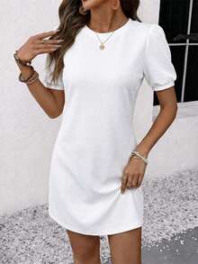 SHEIN Vestido corto casual de verano con mangas abullonadas de unicolor - Blanco - Ver 4