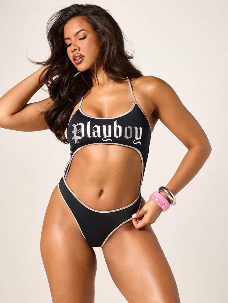 Missguided x Playboy Beach Women's Cut Out Halter One Piece Swimsuit With Print And Contrast Trim Details