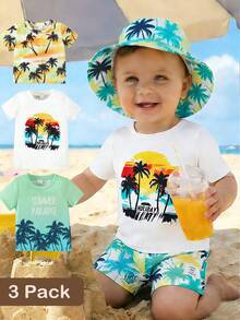 SHEIN Playful Pals 3件套婴幼儿休闲百搭字母树印花针织短袖T恤套装，春夏款 - 彩色 - 查看 4