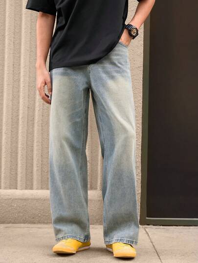 Open Phase Men's Y2K Vintage Style Mud Yellow Retro Washed Straight Leg Loose Fit Jeans, All Season