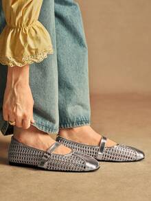 Rosivie 女士休闲编织方头舒适玛丽珍平底鞋 - 銀色 - 查看 3